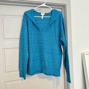St Johns Bay Blue V Neck Sweater With Hood Super Soft Size Large
